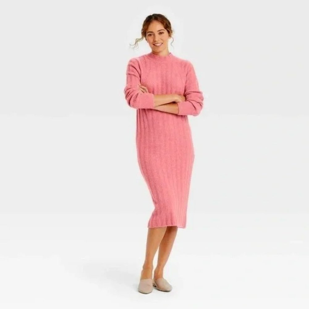 A New Day Women's Long Sleeve Rib-Knit Pink Sweater Dress